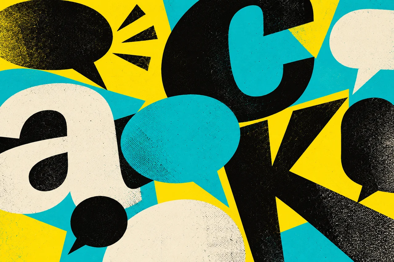Yellow and turquoise speech bubbles interwoven with oversized letterforms in a textured editorial collage.