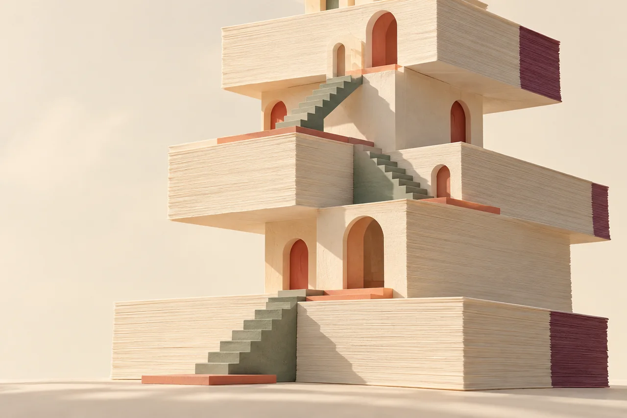 A tower of blank manuscript sheets connected by miniature sage stairs.