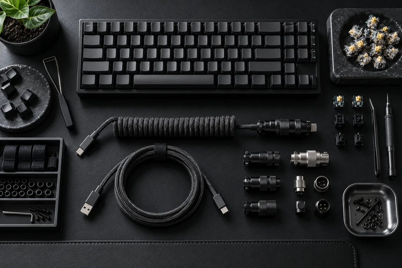 Overhead photograph of a mechanical keyboard and coiled cables on a dark technical desk.