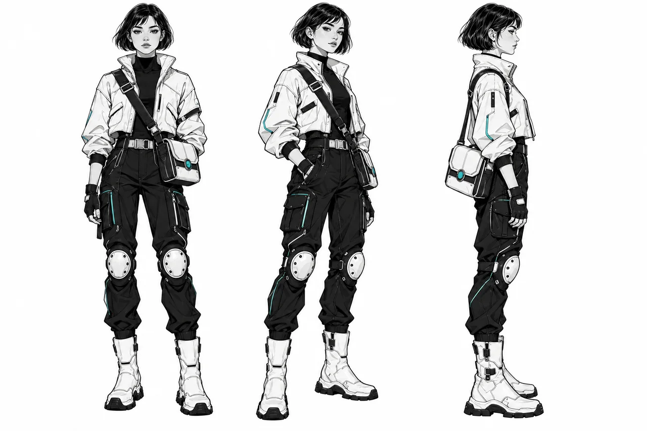 Original space courier shown from three angles in black-and-white ink with cyan details.
