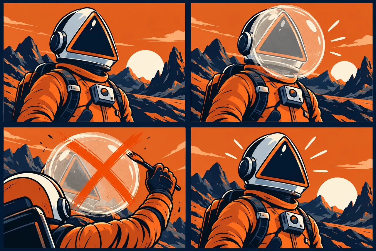 Four-panel astronaut comic symbolically correcting a mismatched helmet shape.