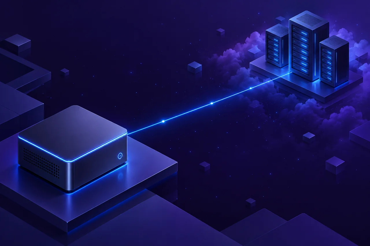 A compact local computer and distant server cluster connected by an electric-blue line in an isometric digital illustration.