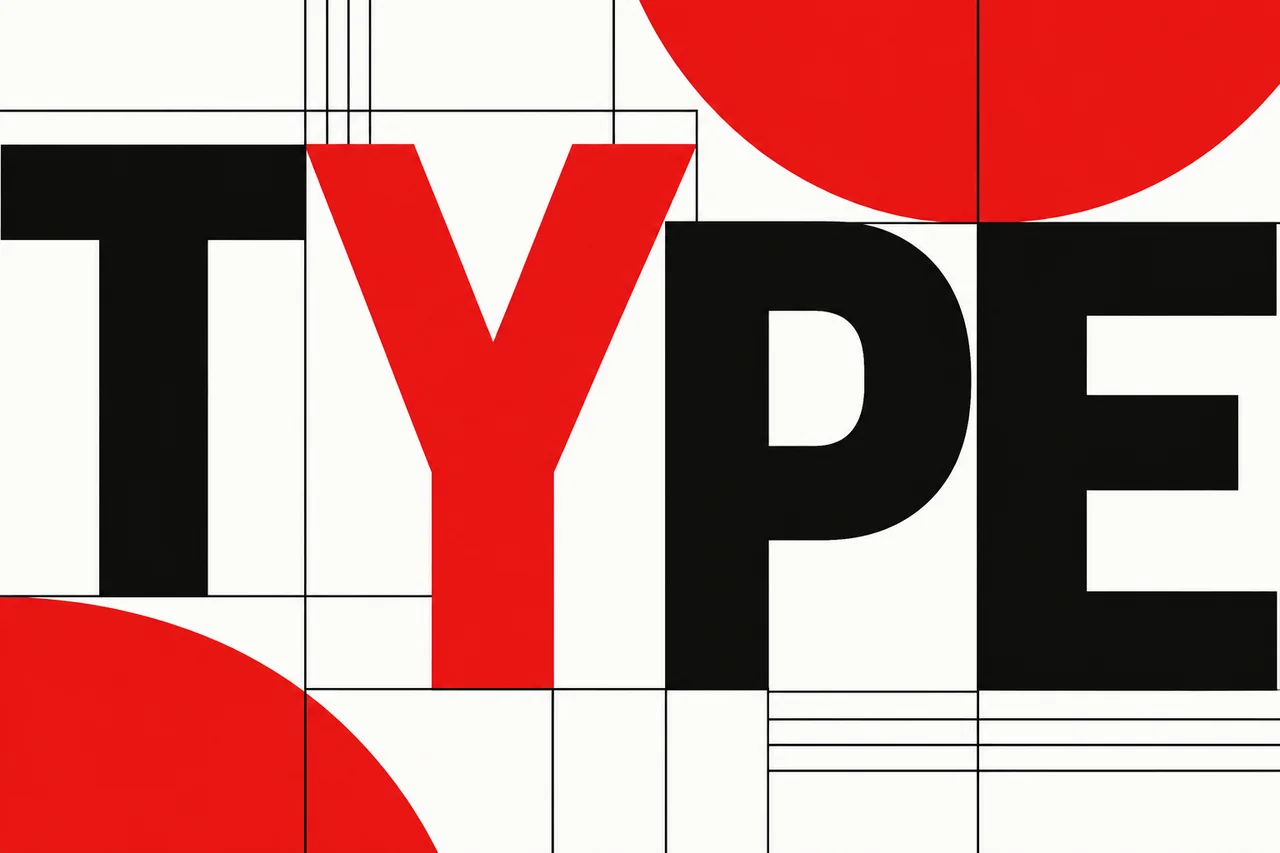 Oversized TYPE lettering in red, black and white over a Swiss-inspired geometric grid.